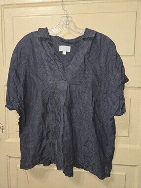 Ryllace Chambray V-Neck Short Sleeve Blouse EUC Size: 16